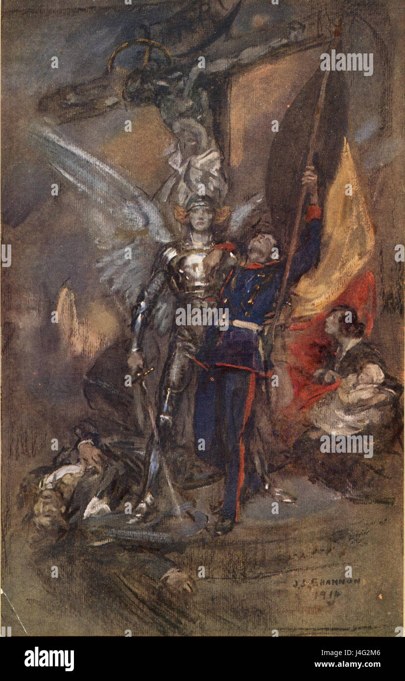 St. Michael von Belgien ist ein Gemälde des Künstlers J. J. Shannon, das den Erzengel Michael darstellt. Das Kunstwerk fängt die ikonische Pose des göttlichen Kriegers ein und repräsentiert den Kampf zwischen gut und Böse, ein beliebtes Thema in der religiösen Kunst. Stockfoto