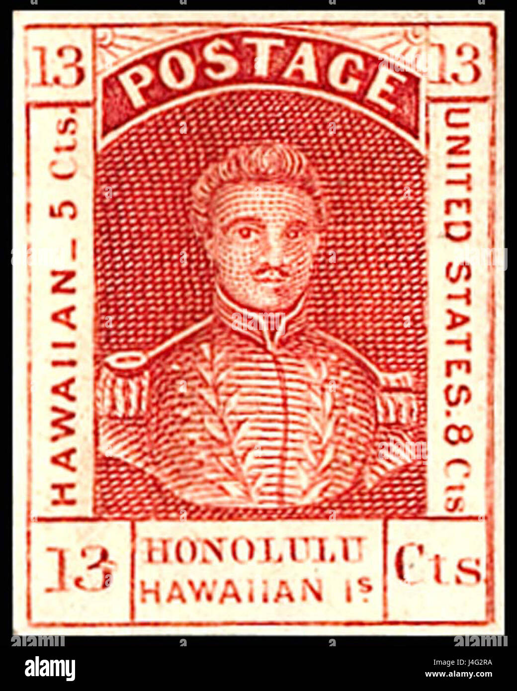 Dieser Stempel aus dem Jahr 1853 zeigt König Kamehameha III. Von Hawaii, der seine bedeutende Rolle in der hawaiianischen Geschichte und seine Führung während der frühen Jahre des Königreichs Hawaii unterstreicht. Stockfoto