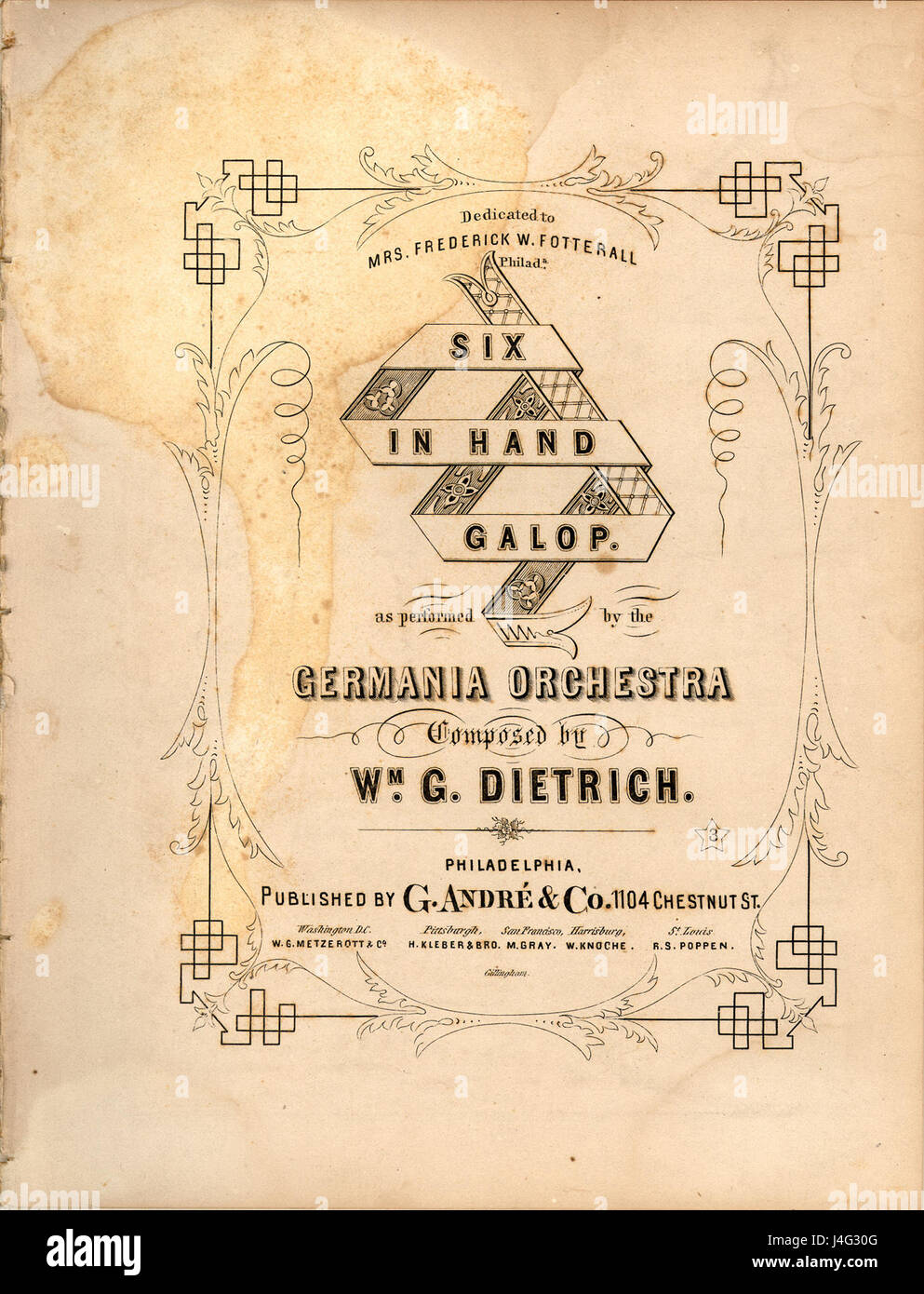 Das Cover „Six in Hand Galop“ bezieht sich auf das Cover der musikalischen Partitur für eine beliebte Tanzmelodie aus dem 19. Jahrhundert, die „Six in Hand Galop“. Dieses für Klavier und Orchester komponierte Musikstück wurde in den späten 1800er Jahren weit verbreitet und war Teil der angesagten Social Music-Szene der damaligen Zeit, mit lebhaften Rhythmen und energiegeladenen Beats. Stockfoto