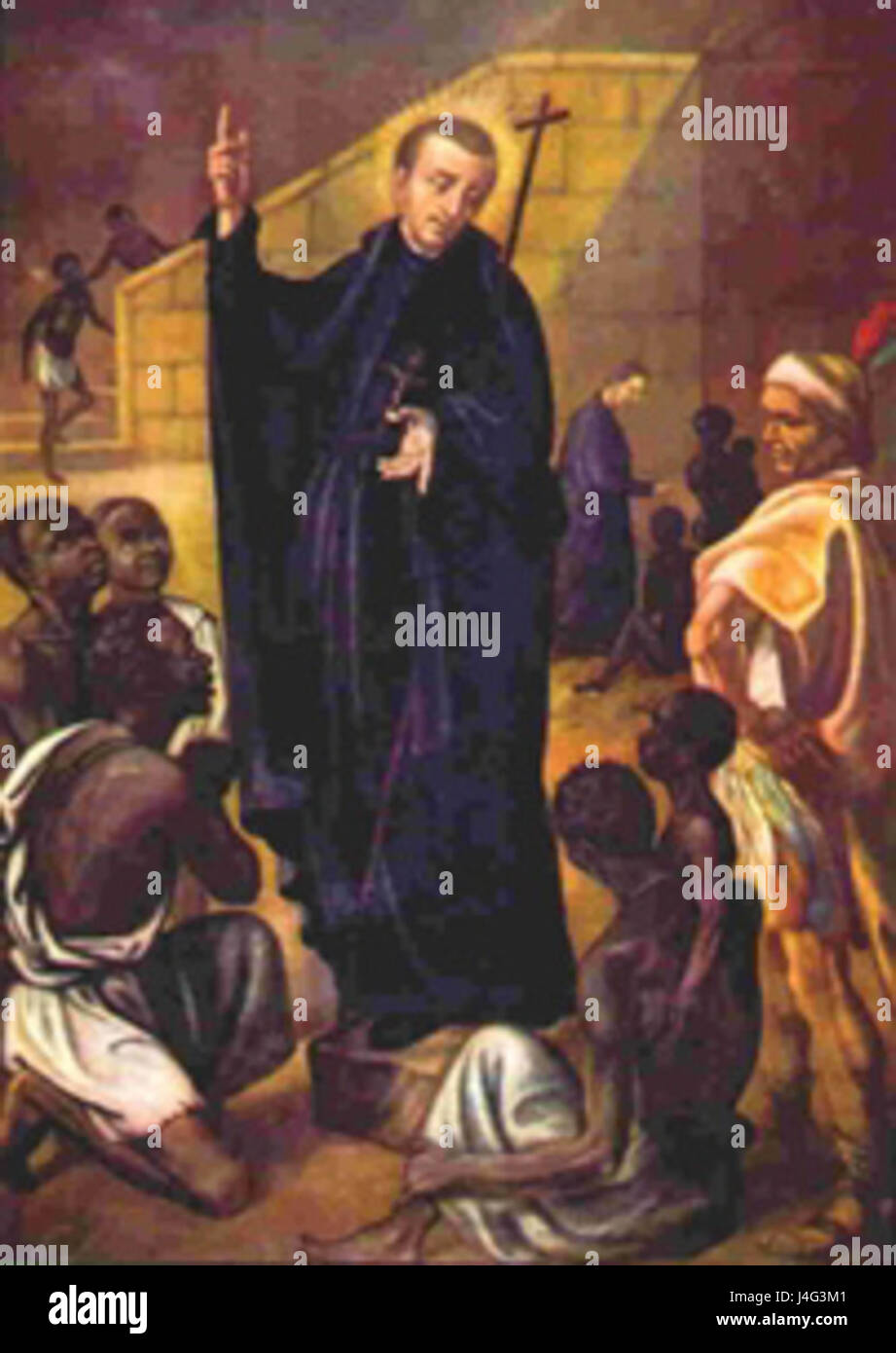 St. Peter Claver war ein Jesuitenpriester, der für seine Missionsarbeit in Kolumbien bekannt war, insbesondere für seine Bemühungen um die Versorgung afrikanischer Sklaven. Er wird für sein Mitgefühl und seine Hingabe an die versklavte Bevölkerung geehrt. Stockfoto