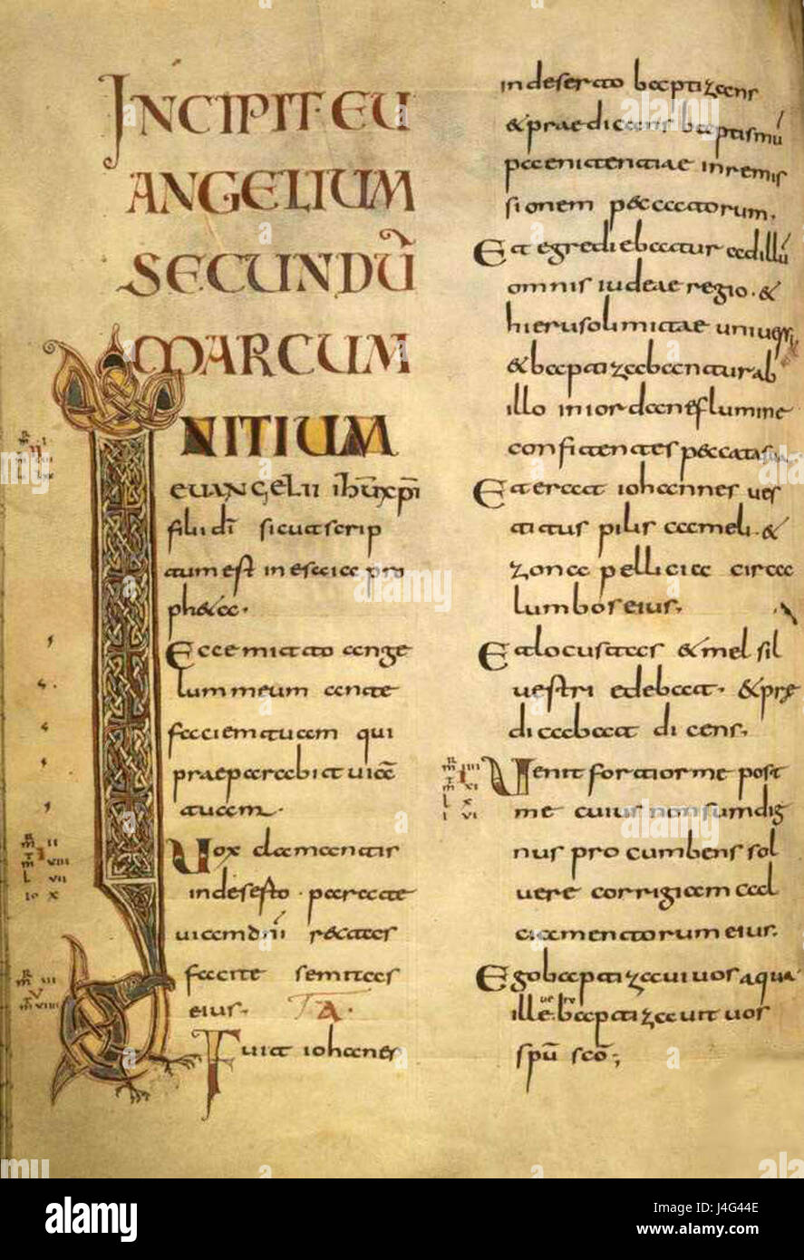 Das Schuttern-Evangelium, insbesondere Folio 71v, enthält eine Darstellung des Heiligen Markus, die mittelalterliche Handschriften und religiöse Bilder aus dieser Zeit zeigt. Stockfoto Das Schuttern-Evangelium, insbesondere Folio 71v, enthält eine Darstellung des Heiligen Markus, die mittelalterliche Handschriften und religiöse Bilder aus dieser Zeit zeigt. Stockfoto