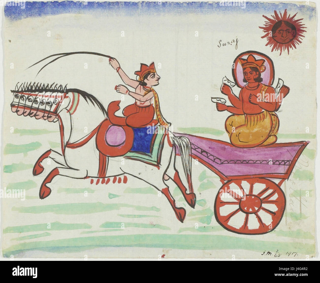 Die Darstellung von Surya, dem Sonnengott, der auf einem Wagen reitet, ist ein häufiges Motiv in der hinduistischen Mythologie. Surya wird oft als Reise über den Himmel in einem Wagen dargestellt, der von sieben Pferden angetrieben wird, was den Lauf der Zeit und die Bewegung der Sonne symbolisiert. Stockfoto