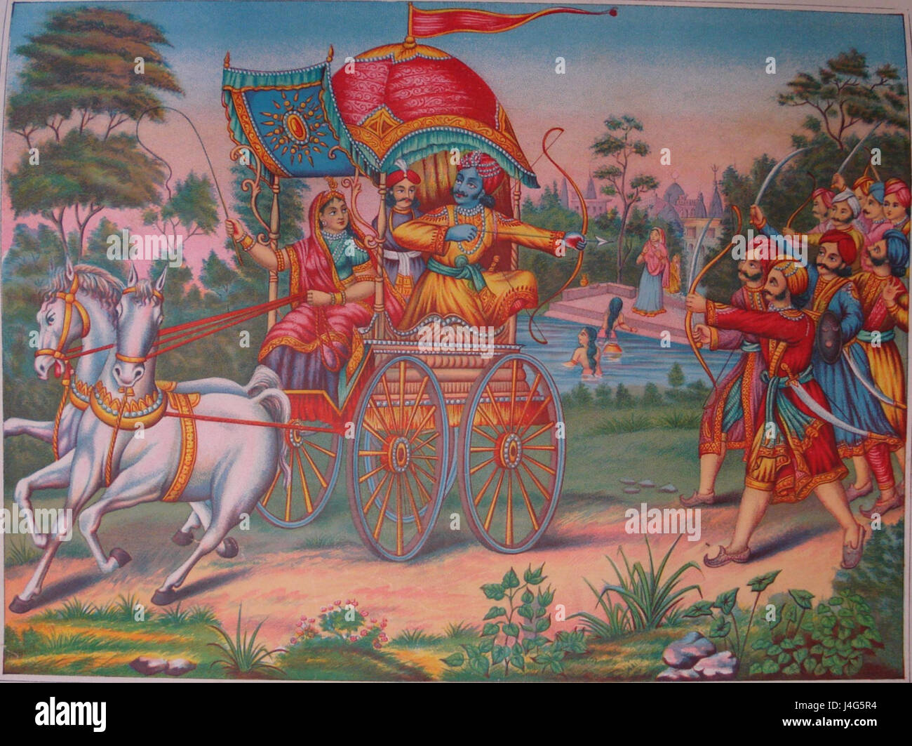 Diese Szene zeigt Subhadra, die Halbschwester des hinduistischen Gottes Krishna, die mit Krishna und Arjuna einen Wagen von Dwarka wegfährt. Die Szene ist von den Mahabharata inspiriert und spiegelt die reiche Erzählung der alten indischen Mythologie wider. Stockfoto