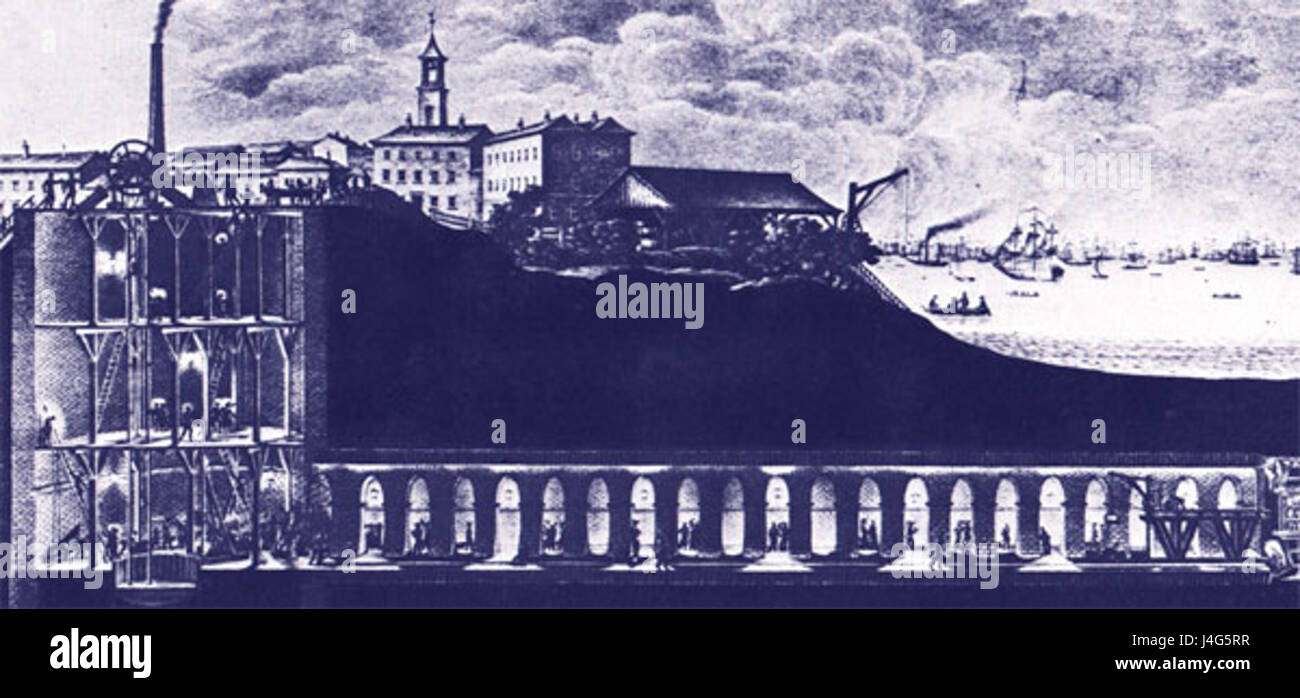 Dieser Titel bezieht sich auf den Bau oder das Konzept des Thames Tunnels im Jahr 1840, ein Ingenieurwunderwerk der frühen viktorianischen Ära in London, England. Stockfoto