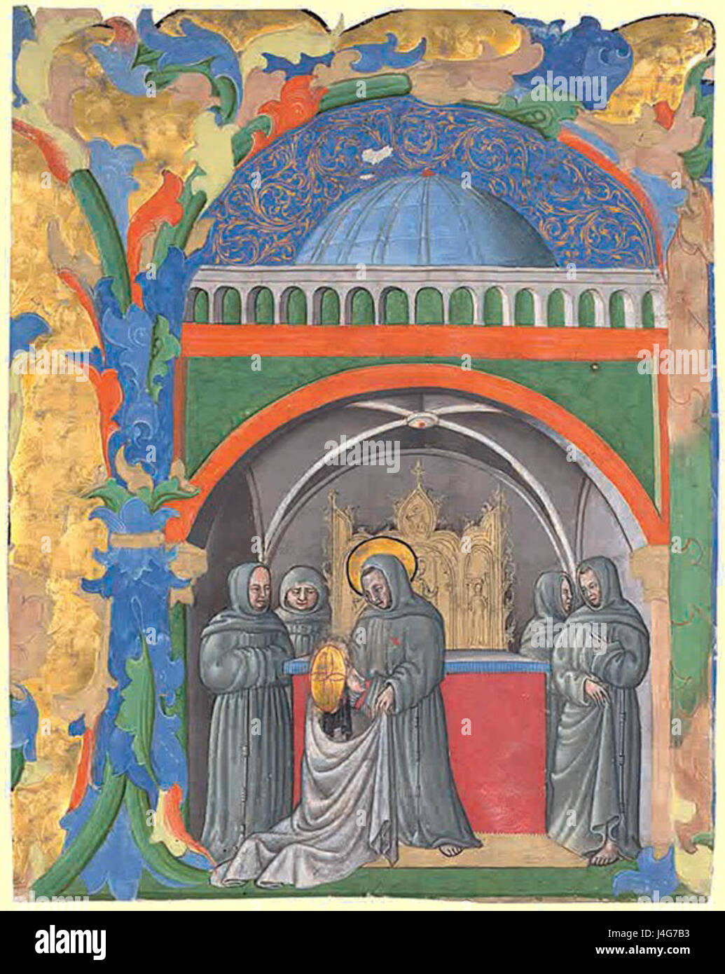 Dieses Kunstwerk zeigt den Moment, in dem der Heilige Franz von Assisi Clare von Assisi in den Klarisserorden einnimmt. Diese Szene ist ein bedeutendes Ereignis in der Religionsgeschichte und zeigt Clares Engagement für Armut, Demut und Hingabe an das religiöse Leben. Stockfoto