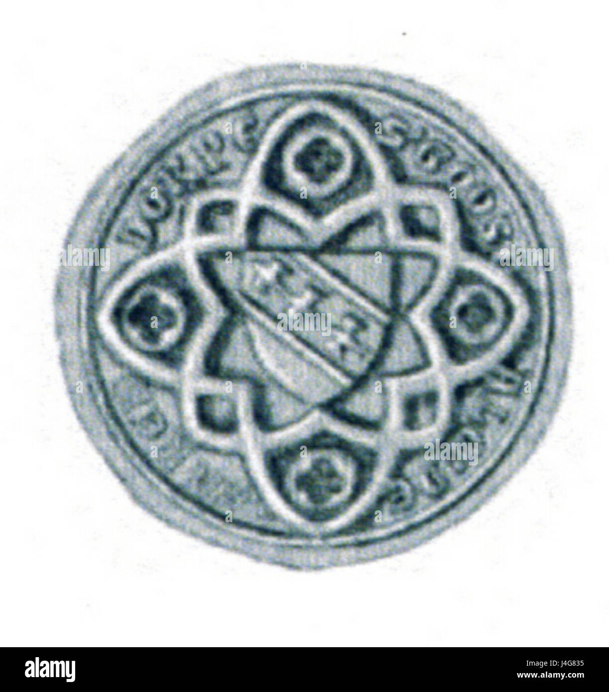 Das Siegel Godscalus de Warendorpe bezieht sich wahrscheinlich auf ein historisches Dokument oder Symbol, das im Mittelalter verwendet wurde und die Autorität und das Erbe der Familie Warendorpe repräsentiert. Stockfoto