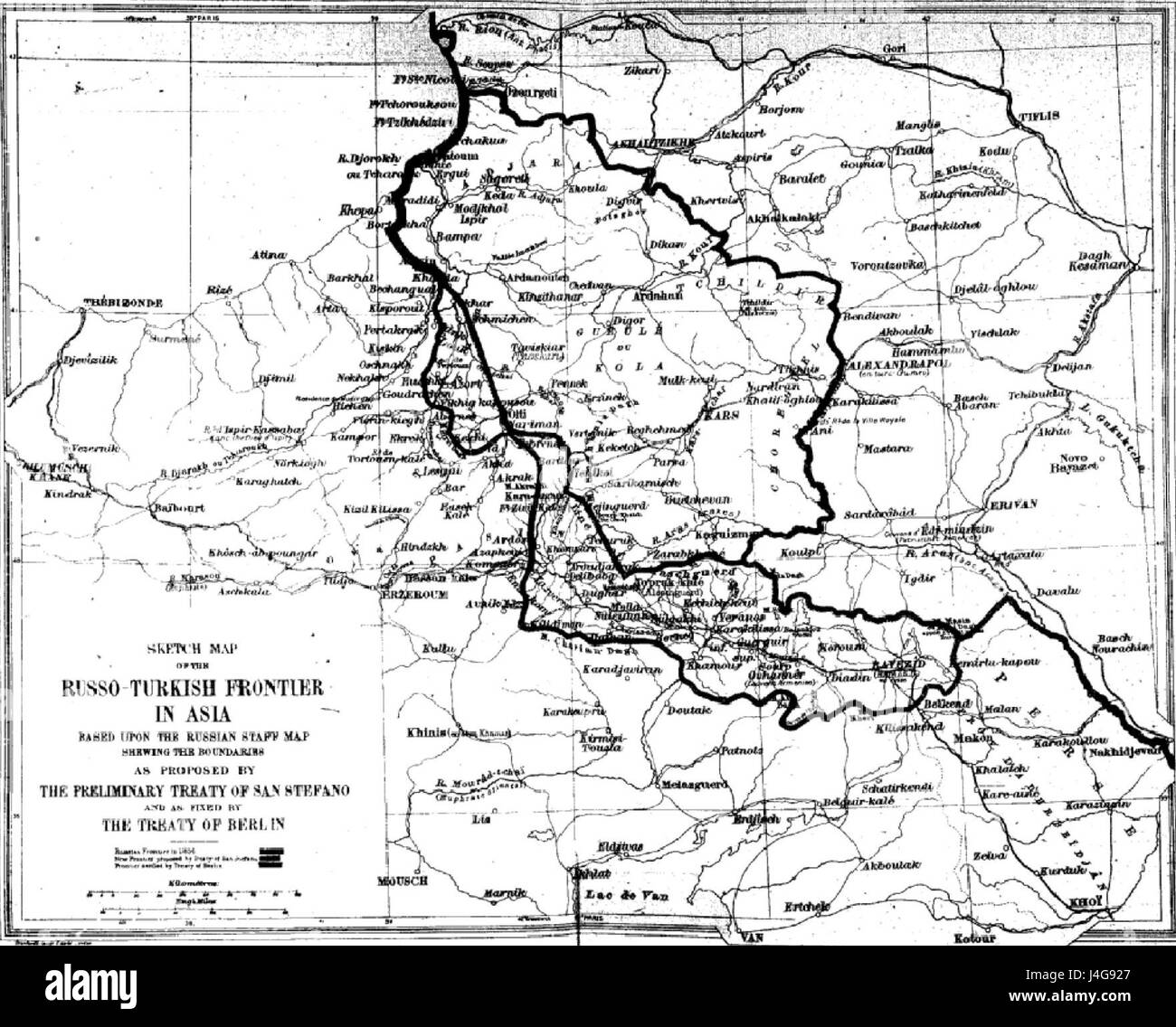 Kartenskizze von der Russo-türkischen Grenze in Asien. Nach der vorläufigen Vertrag von San Stefano und behoben, indem der Vertrag von Berlin Stockfoto