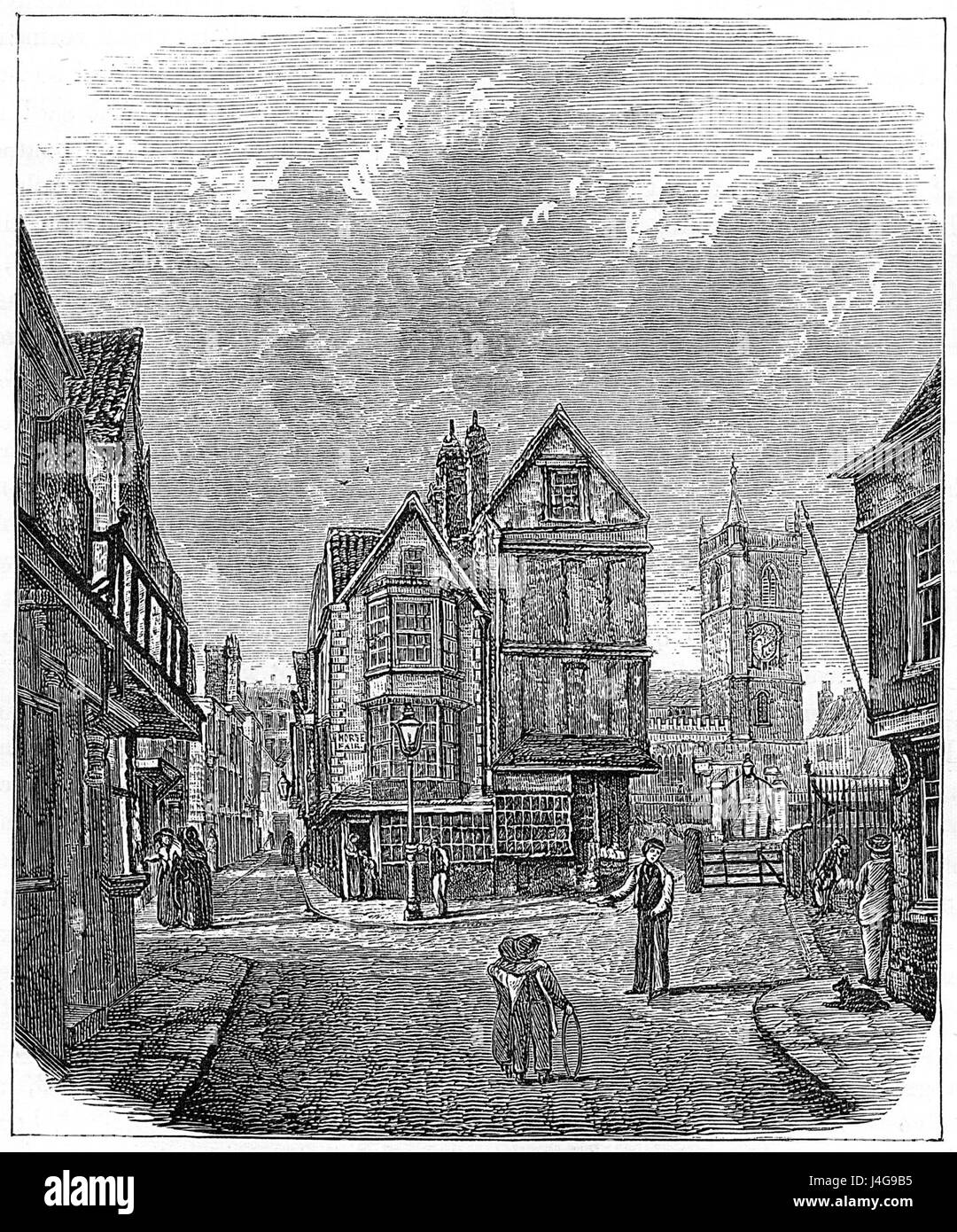 Die Silver Street in Bristol ist eine wichtige historische Straße mit ihrem Eingang zur St. James' Fair. Die Messe ist seit langem ein bedeutendes Ereignis in der Stadt und repräsentiert das lokale kulturelle und wirtschaftliche Leben von Bristol. Stockfoto