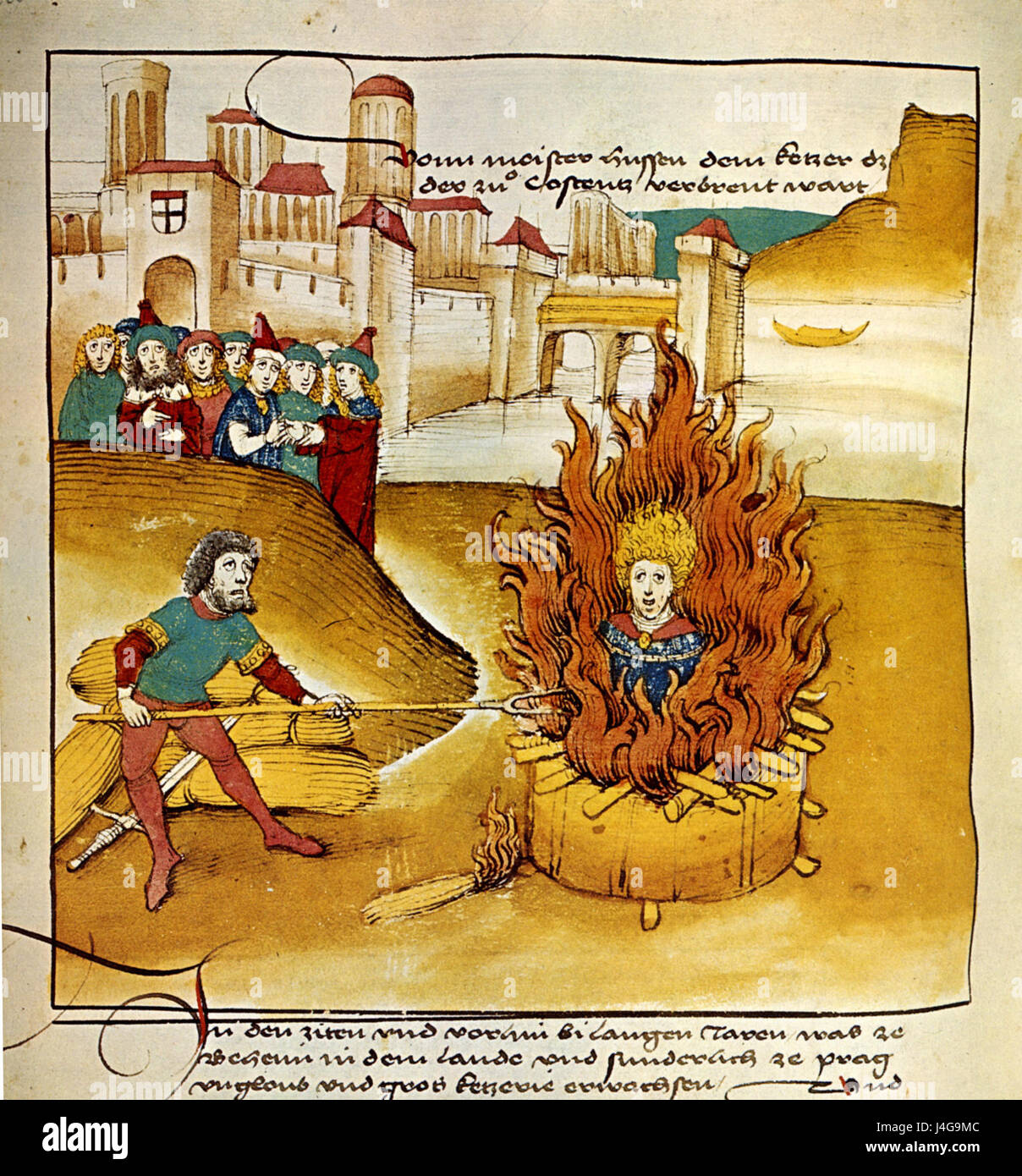 Eine Chronik aus Spiez aus dem Jahr 1485, die auf Jan Hus, einen tschechischen religiösen Reformator und Märtyrer, verweist. Stockfoto