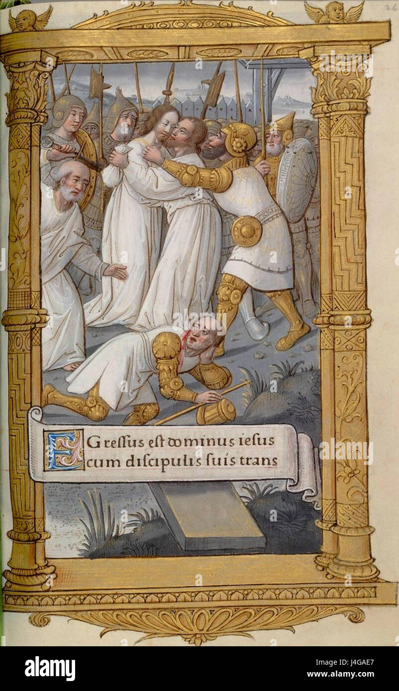 Dieser historische Bericht zeigt den Moment aus der Bibel, als der hl. Peter einem Diener im Garten Gethsemane das Ohr abschneidet. Die Szene ist in der christlichen Geschichte von Bedeutung und wird oft in religiösen Kunstwerken dargestellt. Stockfoto