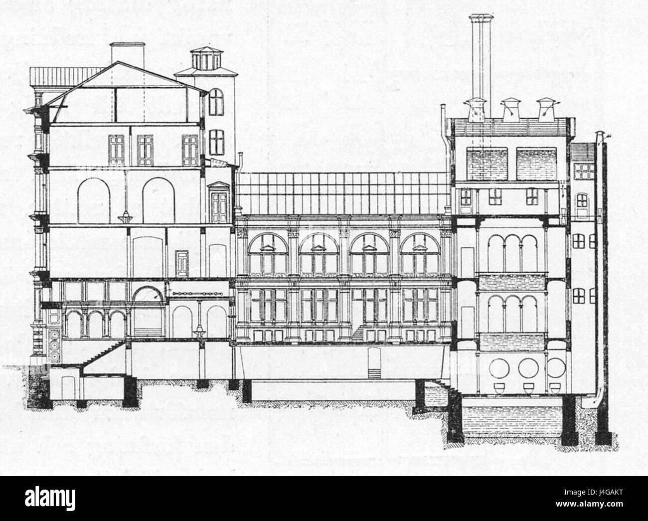 Das Sturebadet ist ein berühmtes schwedisches Badehaus, das für seine architektonische Schönheit und sein Design bekannt ist. Die Schnittzeichnung aus dem Jahr 1897 zeigt das detaillierte Layout des Badehauses, das den architektonischen Stil und die sozialen Trends dieser Zeit widerspiegelt. Stockfoto