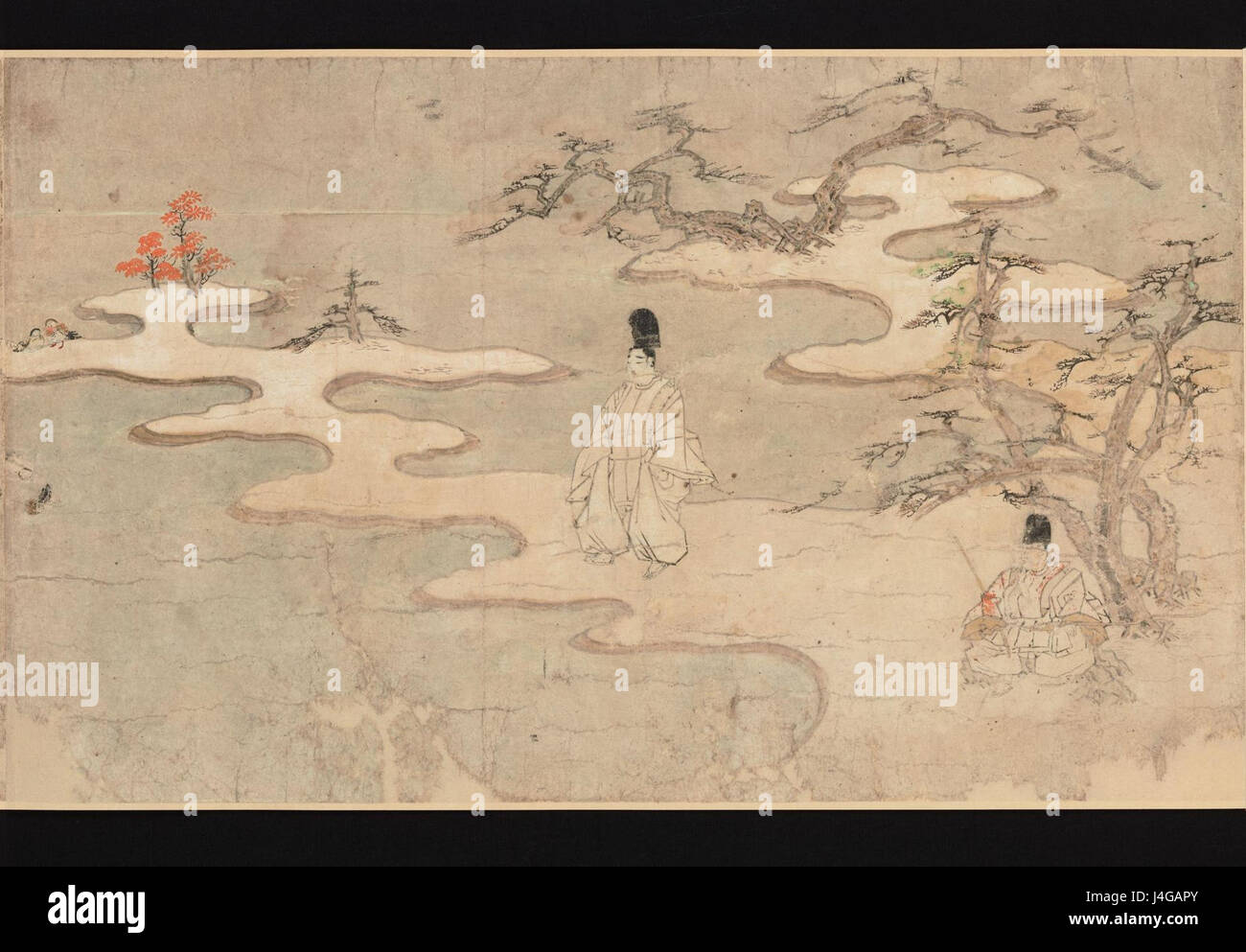 Der Sumiyoshi Monogatari Emaki ist eine japanische Bilderrolle, die die Sumiyoshi-Legenden darstellt. Das Kunstwerk fängt die reiche Kulturgeschichte Japans mit detaillierten Illustrationen und Geschichten ein. Stockfoto