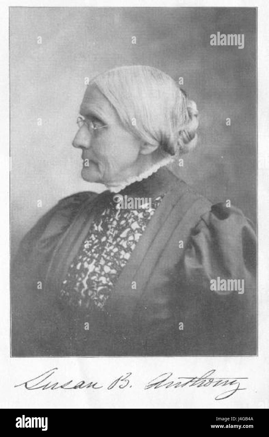 Susan Brownell Anthony war eine Pionierin der amerikanischen Sozialreformerin und Frauenrechtlerin. Sie spielte eine Schlüsselrolle in der Frauenwahlrechtsbewegung in den Vereinigten Staaten und setzte sich für das Wahlrecht und die Gleichstellung von Frauen ein. Stockfoto