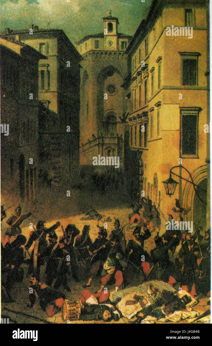 Ein historischer Hinweis auf die Massaker oder tragischen Ereignisse (stragi), die sich in Perugia (Italien) ereignet haben. Diese Ereignisse sind Teil der komplexen Geschichte der Stadt, die mit Krieg und politischen Unruhen zusammenhängt. Stockfoto