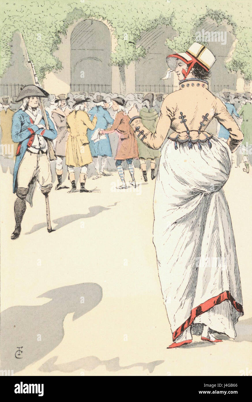 Dieses Bild zeigt Aktienjobbing im Palais Royal im Jahr VII (1799) des französischen Revolutionskalenders, einer Periode, in der Finanzhandel und Spekulation in der französischen Gesellschaft eine bedeutende Rolle spielten. Stockfoto