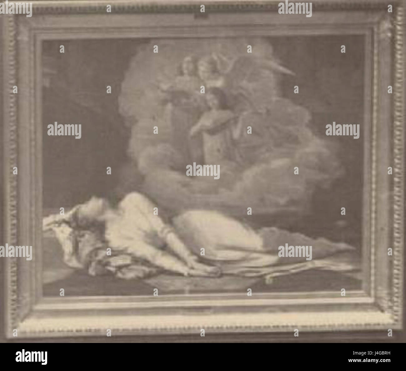 Das Gemälde „Sainte Cecile mourante entend un Concert celeste“ zeigt die Heilige Cecilia in ihren letzten Momenten und hört ein himmlisches Konzert. Dieses religiöse Kunstwerk spiegelt die Mischung aus Spiritualität und Musik in der Barockkunst wider. Stockfoto