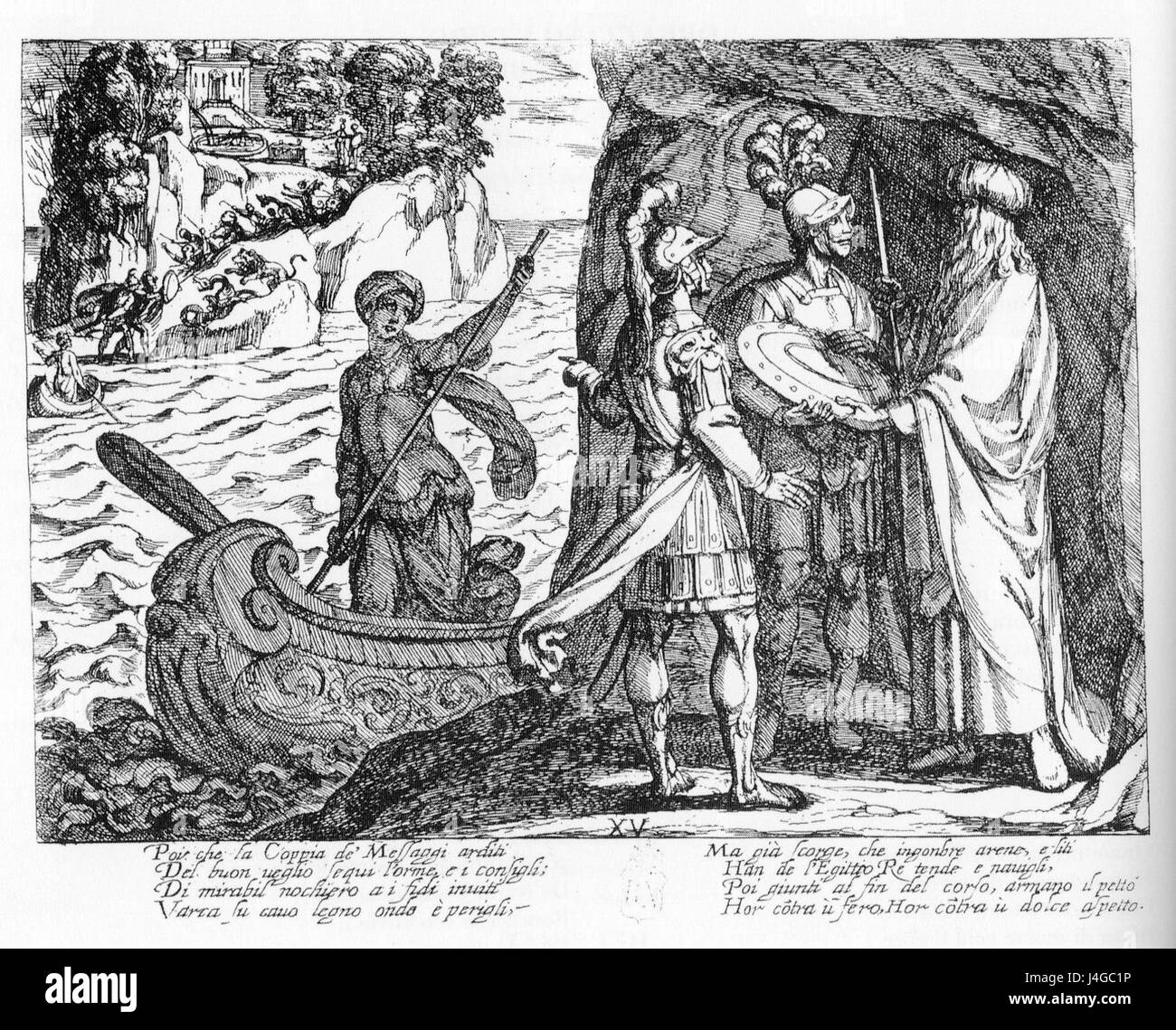 Die „Gerusalemme Liberata“ von Tempesta ist eine künstlerische Wiedergabe des Epos von Torquato Tasso, in dem Schlüsselszenen aus der Erzählung des Ersten Kreuzzugs dargestellt werden. Stockfoto