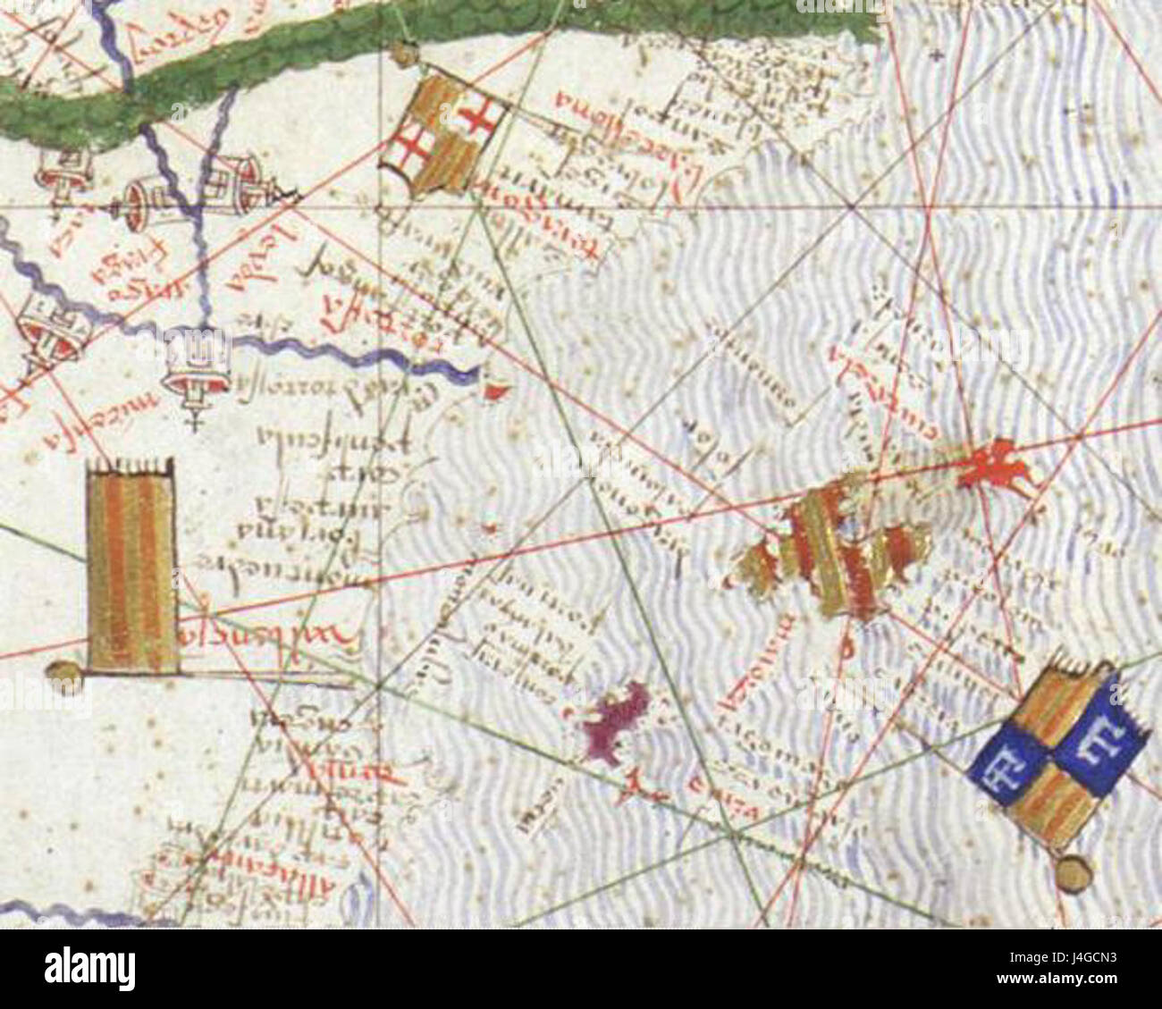 Der *Atlas de Cresques* ist eine Karte aus dem 14. Jahrhundert, die von Abraham Cresques erstellt wurde und oft als die wichtigste katalanische Karte ihrer Zeit bezeichnet wird. Sie bietet einen umfassenden Blick auf das Mittelmeer und darüber hinaus und unterstreicht die globale Reichweite des mittelalterlichen Handels und der mittelalterlichen Entdeckungen. Stockfoto