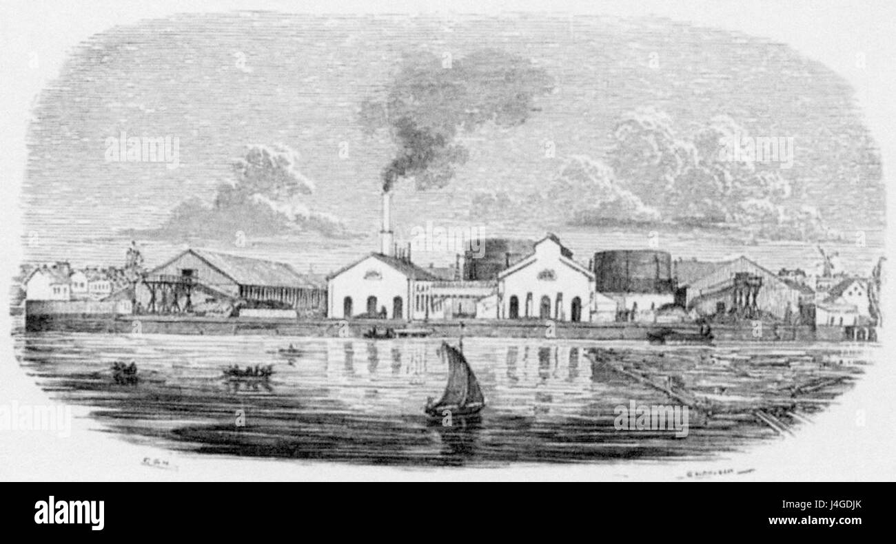 Dieses Bild zeigt die frühe Infrastruktur des Stockholmer Gasbeleuchtungssystems aus dem Jahr 1855. Es spiegelt die technologischen Fortschritte in der Stadt Mitte des 19. Jahrhunderts und die Einführung von Gas für die Straßenbeleuchtung wider. Stockfoto