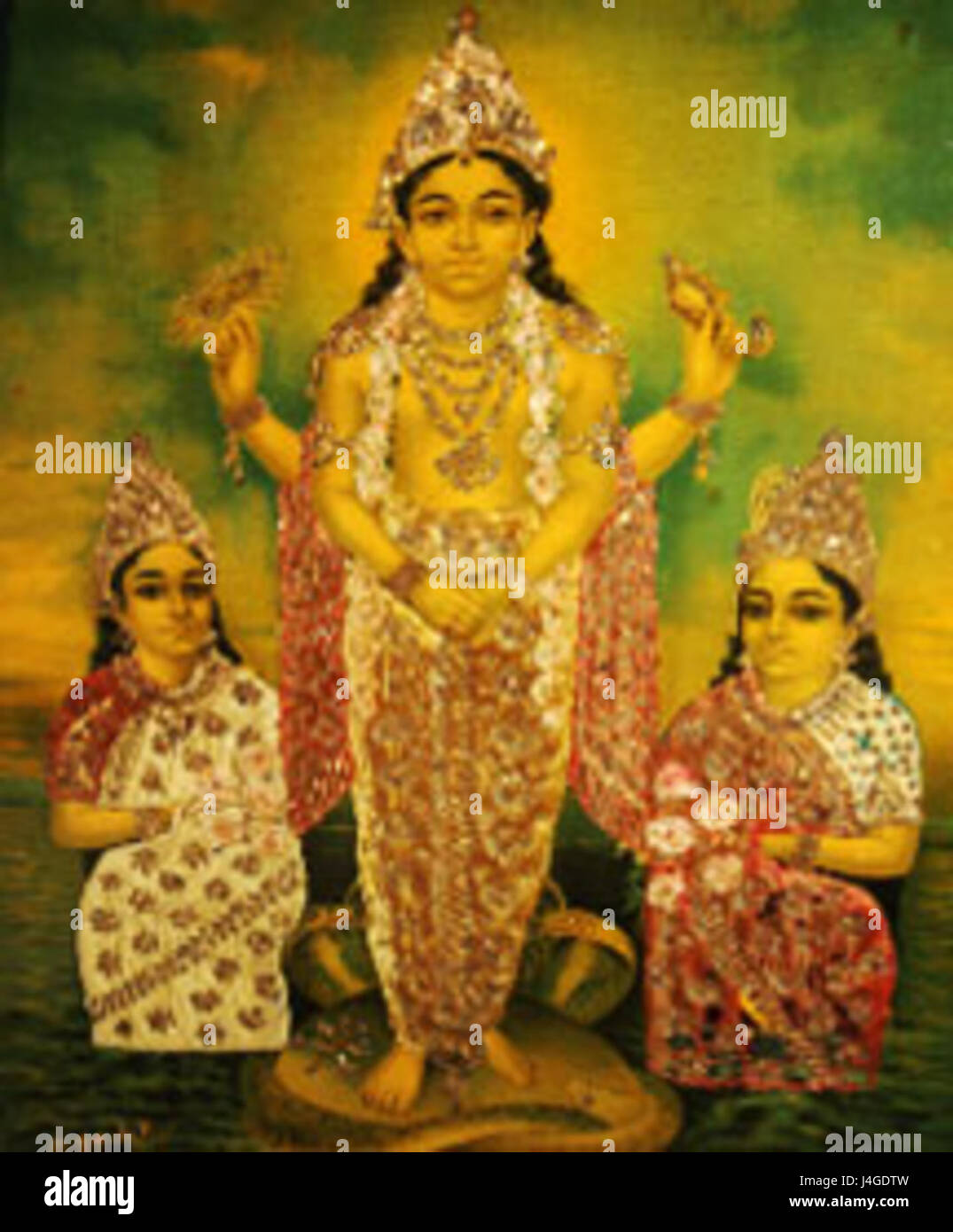 Sriman Narayana ist eine verehrte Figur im Hinduismus, oft in Verbindung mit der höchsten Gottheit Vishnu. Der Begriff bezeichnet die göttlichen Aspekte von Vishnu in seiner Rolle als Bewahrer des Universums und eine Schlüsselfigur in der hinduistischen Theologie. Stockfoto