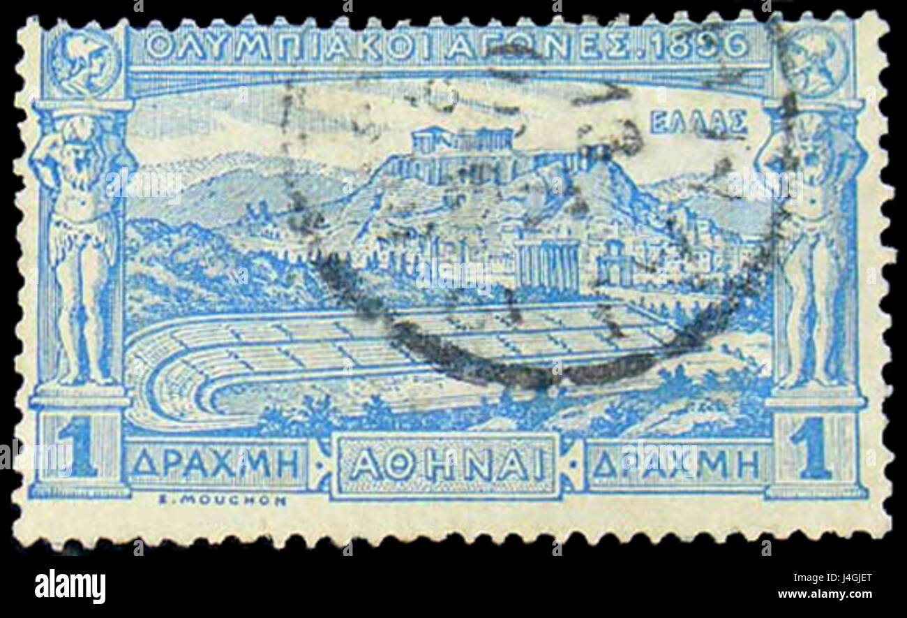 Diese Marke aus Griechenland, die 1896 ausgestellt wurde, erinnert an die ersten modernen Olympischen Spiele in Athen und zeigt das ikonische olympische Thema des antiken griechischen Erbes und der Leichtathletik. Stockfoto