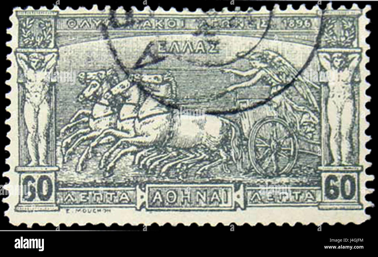 Dieser Stempel erinnert an die Olympischen Spiele 1896 in Athen, Griechenland, die zu den ersten Olympischen Spielen in der Moderne führten. Es weist eine 60-Lepta-Denomination auf, die die historische Bedeutung des Ereignisses verdeutlicht. Stockfoto