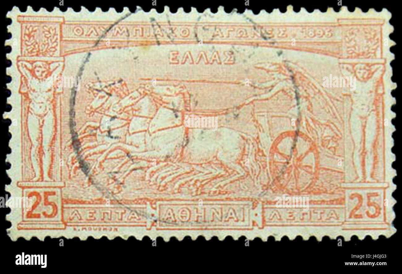Die griechische Olympische Spiele 1896 wurde zur Erinnerung an die ersten Olympischen Spiele in Athen ausgestellt. Die 25-Lira-Marke zeigt eine Illustration zu den Spielen und dient als wichtiges Stück der olympischen Geschichte. Stockfoto