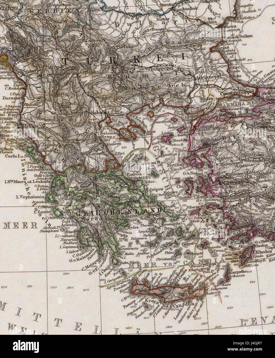 Eine Karte von Adolf Stieler aus dem Jahr 1875, die das Mittelmeer und Nordafrika illustriert und die geographischen Besonderheiten und politischen Grenzen der Region darstellt. Stockfoto