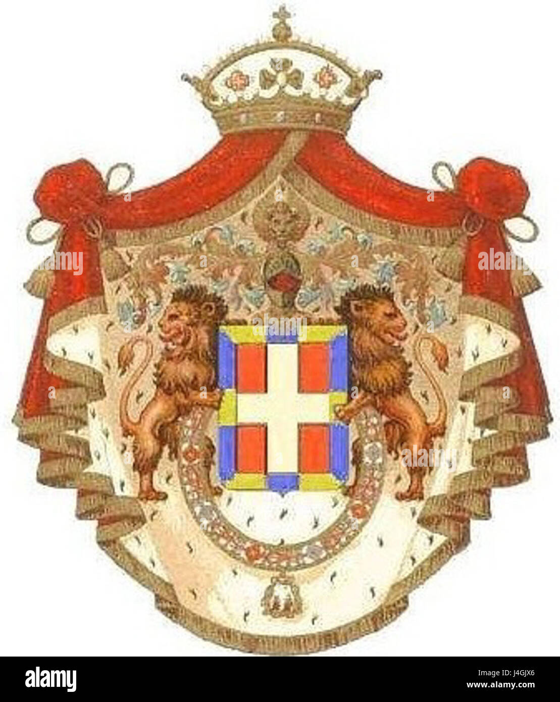 Die „Stemma Casa Savoia Aosta“ bezieht sich auf das Wappen des Hauses Savoy-Aosta, einem adligen Familienzweig des Hauses Savoy-Aosta. Dieses heraldische Symbol repräsentiert die Abstammung der Familie und ihre historische Rolle in Italien und Europa. Stockfoto