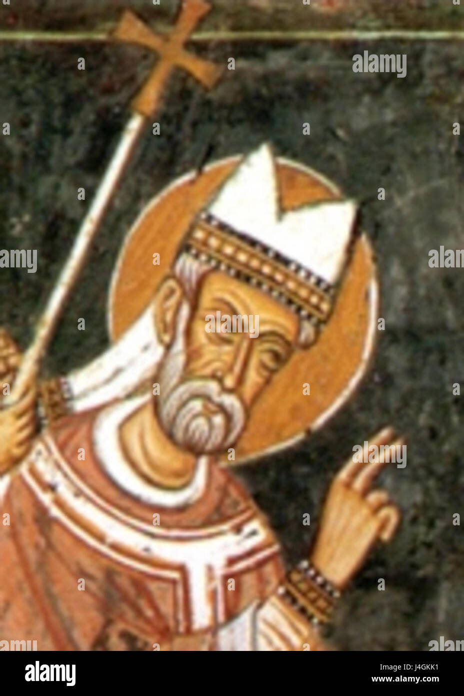 Papst Sylvester I., der von 314 bis 335 n. Chr. Bischof von Rom war, spielte eine zentrale Rolle in der frühchristlichen Kirche. Er wurde für seine Führung während der Regierungszeit von Kaiser Konstantin und für die Unterstützung des ersten Konzils von Nizäa im Jahre 325 n. Chr. anerkannt. Stockfoto