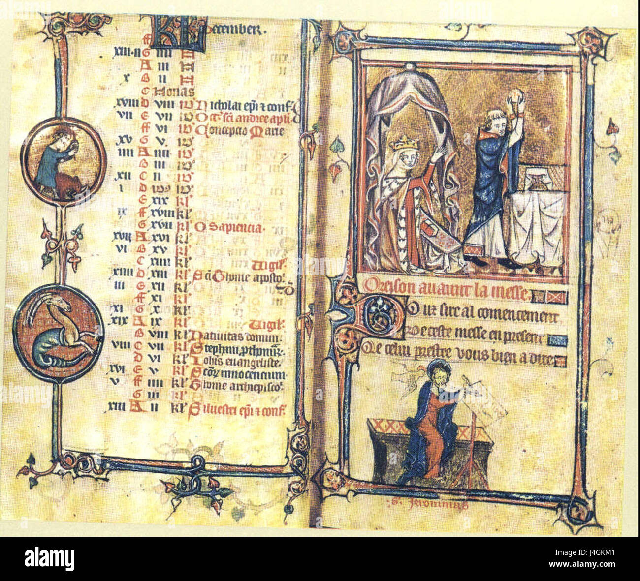 Das Stundenbuch Taymouth ist eine mittelalterliche, beleuchtete Handschrift, die für ihre exquisiten Kunstwerke und religiösen Themen bekannt ist. Sie wurde im 14. Jahrhundert geschaffen und spiegelt die Andachtsübungen dieser Zeit wider. Stockfoto