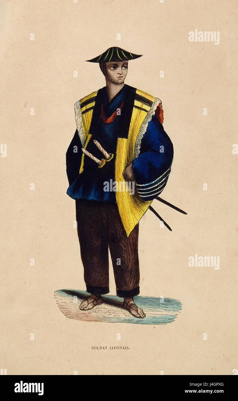 Eine Darstellung eines japanischen Soldaten, die die militärischen Uniformen, Waffen und soldatenbezogenen Aspekte des japanischen Militärs während einer bestimmten historischen Periode, möglicherweise der Meiji-Ära oder früher, widerspiegelt. Stockfoto