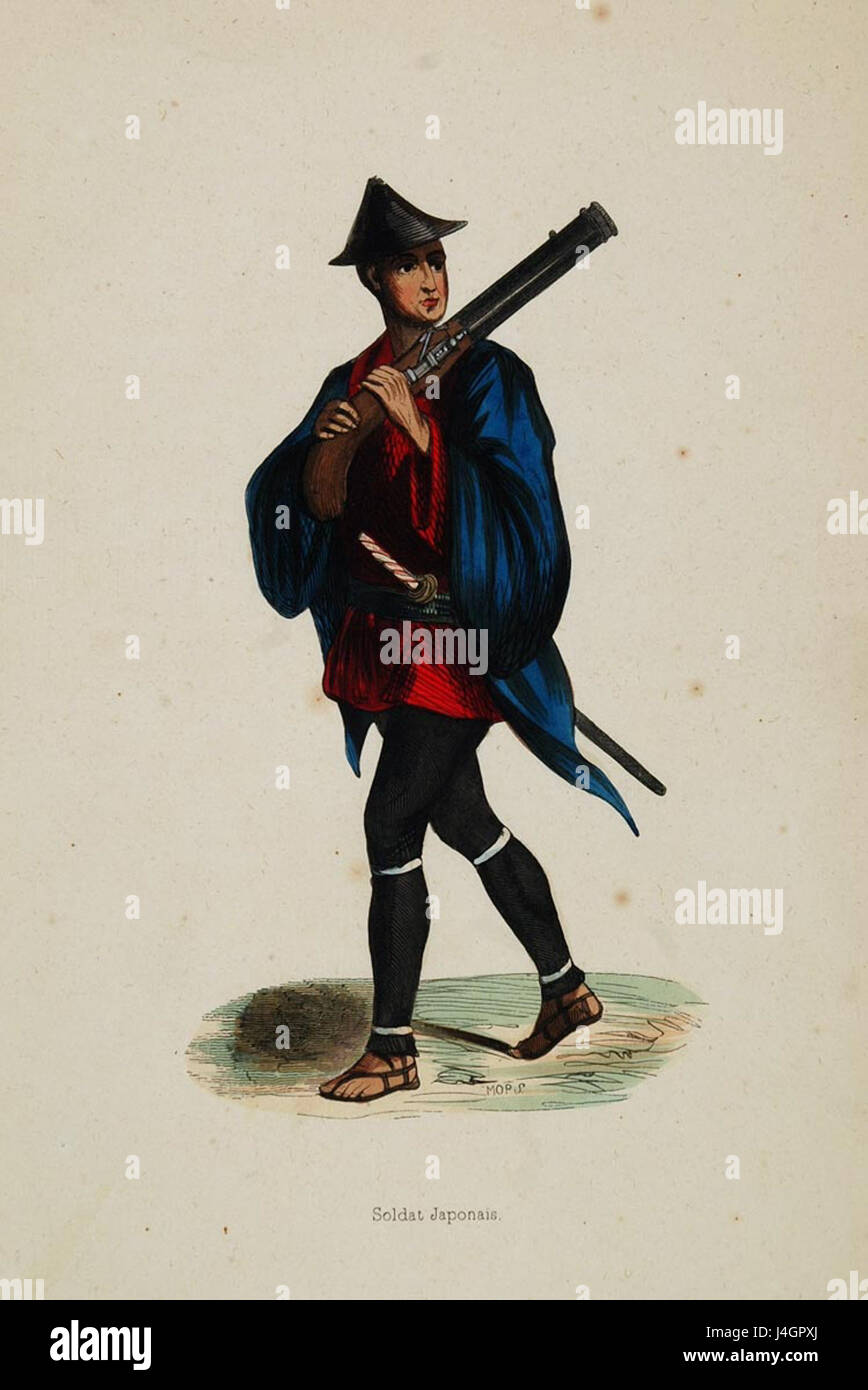Dieser Titel bezieht sich auf ein Bild oder eine historische Darstellung eines japanischen Soldaten. Sie kann sich auf die militärische Geschichte Japans beziehen, insbesondere während bedeutender Zeiten wie dem Zweiten Weltkrieg oder früher. Stockfoto