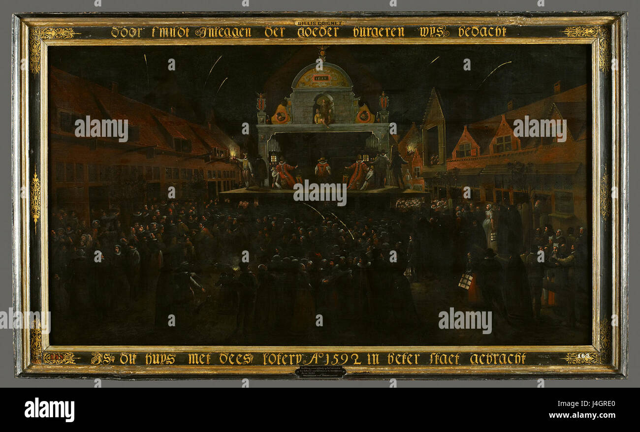 Die Lotterie von 1592 (SA 3019) wurde durchgeführt, um die Dolhuis, eine gemeinnützige Einrichtung in den Niederlanden, zu unterstützen. Diese Veranstaltung spiegelt die Rolle der Lotterien bei der Finanzierung sozialer Anliegen im 16. Jahrhundert wider. Stockfoto