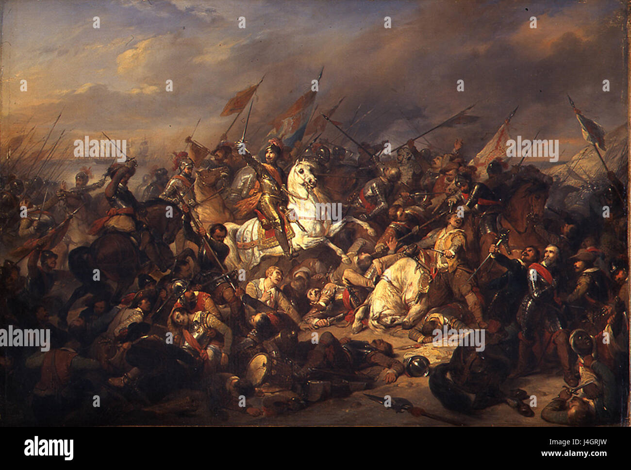 Dieses Gemälde von Nicaise de Keyser zeigt die Schlacht von Nieuwpoort, einen bedeutenden Konflikt während des Achtzigjährigen Krieges zwischen den spanischen und niederländischen Streitkräften im Jahr 1600. Es zeigt die wichtigsten Momente dieser historischen Schlacht. Stockfoto