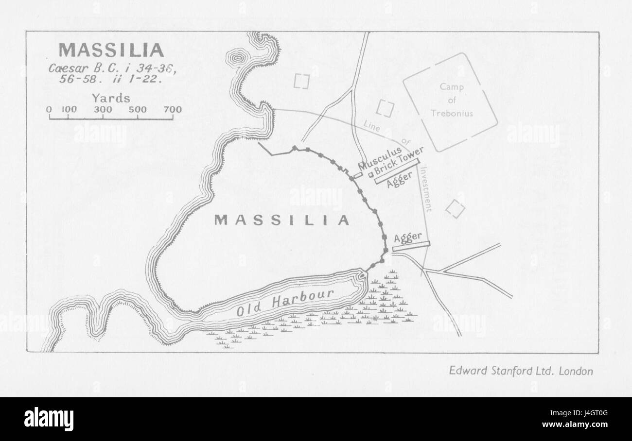 Die Belagerung von Massilia fand 49 v. Chr. während der Gallienkriege statt, als die Stadt Massilia (das heutige Marseille) von Julius Caesarâ Truppen belagert wurde. Dieses Ereignis war entscheidend bei der römischen Eroberung Galliens. Stockfoto