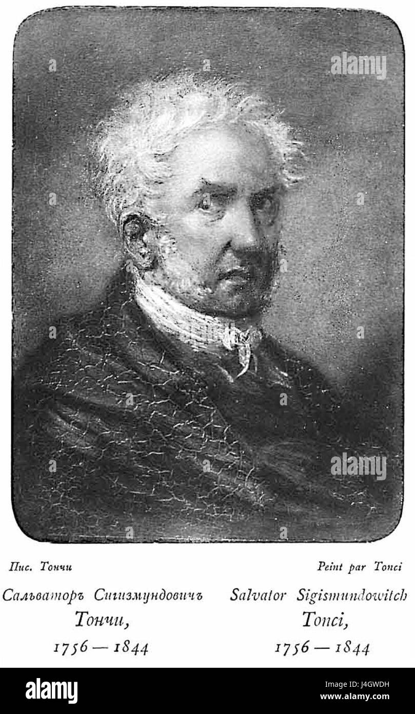 Ein Porträt aus der Sammlung RusPortraits mit Salvator Sigismundowitch Tonci, einer einflussreichen Figur im Russland des 18. Und 19. Jahrhunderts, datiert von 1756 bis 1844. Das Werk spiegelt den künstlerischen Stil der periodâ wider und hebt die Rolle des Themas in der Kulturlandschaft hervor. Stockfoto