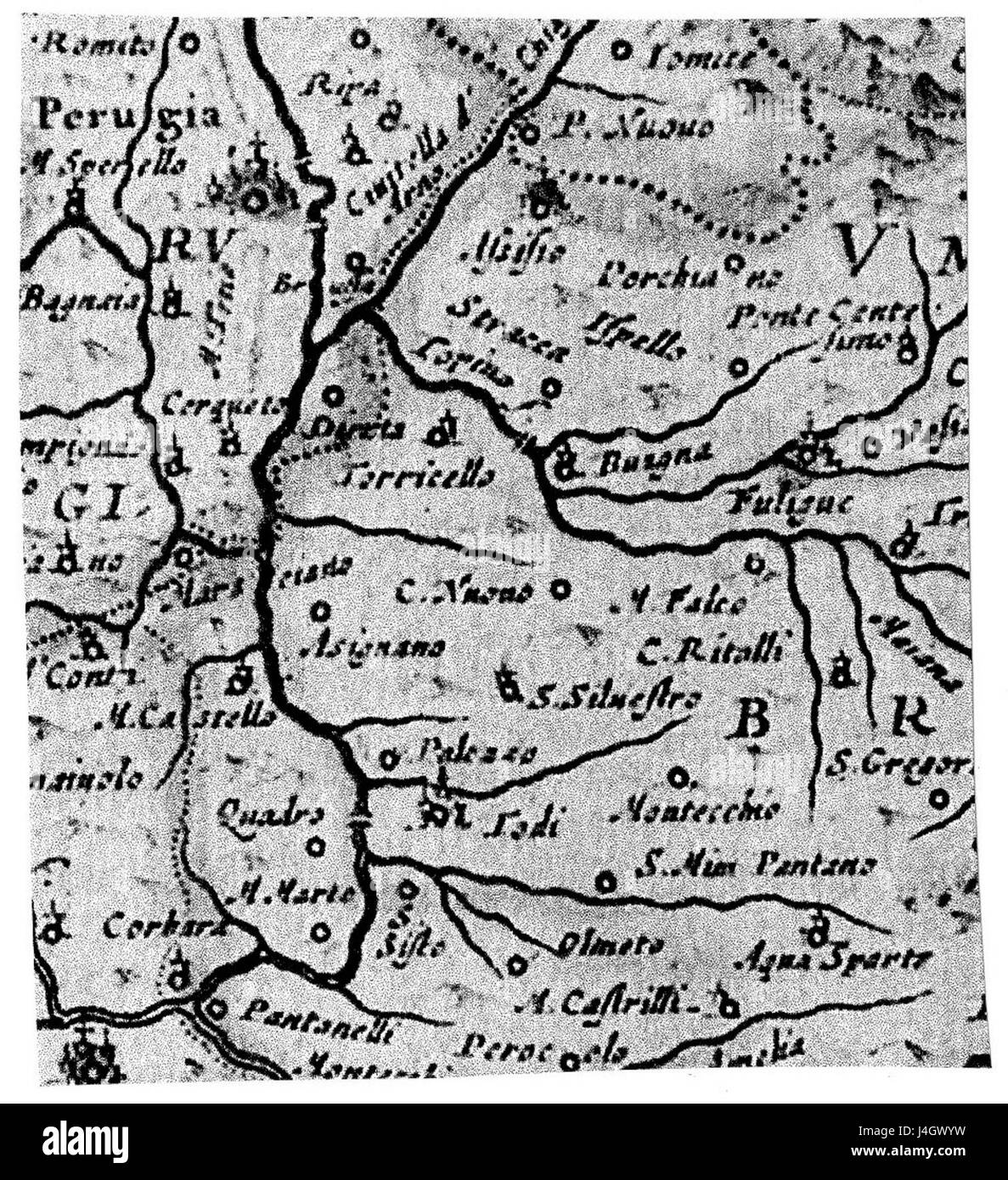 Dies ist eine historische oder geografische Karte der Gebiete Foligno und Spello in Mittelitalien. Beide Gebiete sind reich an kultureller und historischer Bedeutung aus dem Mittelalter. Stockfoto