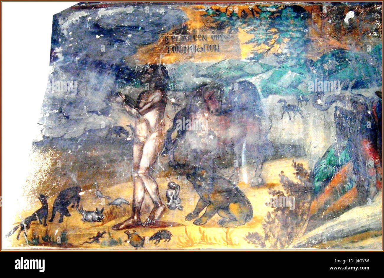 Das Fresko „Adam im Paradies“ in der Kirche St. Nikolaus Karivi ist ein bemerkenswertes Kunstwerk aus dem 18. Jahrhundert. Es zeigt eine biblische Szene aus dem Buch Genesis, in der Adam im Garten Eden gefangen genommen und der künstlerische Stil des 18. Jahrhunderts dargestellt wird. Stockfoto