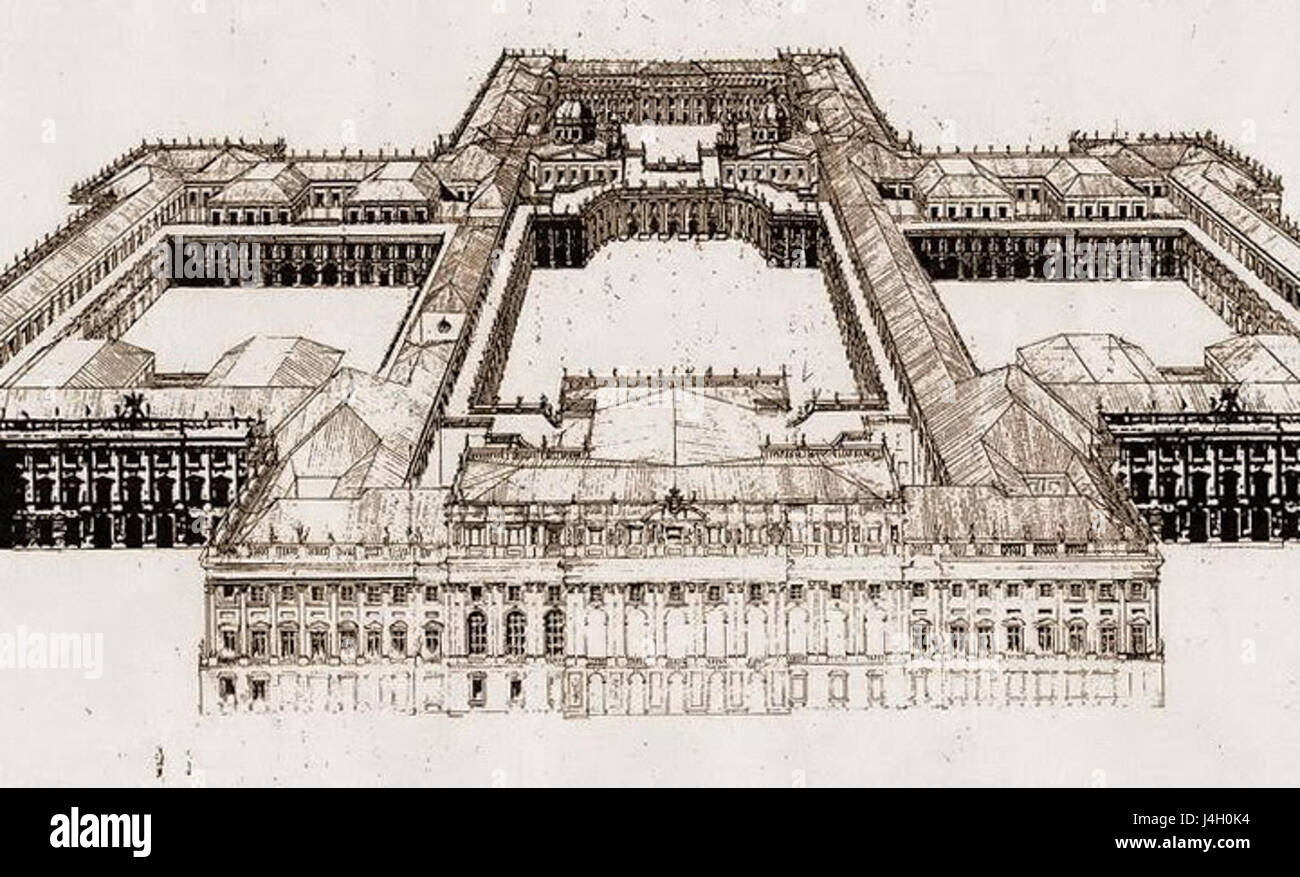 Der Königspalast von Madrid, wie er von Filippo Juvarra entworfen wurde, ist ein Beispiel für barocke Architektur und zeigt die Pracht und den Stil der spanischen Monarchie aus dem 18. Jahrhundert und ihre architektonischen Ambitionen. Stockfoto