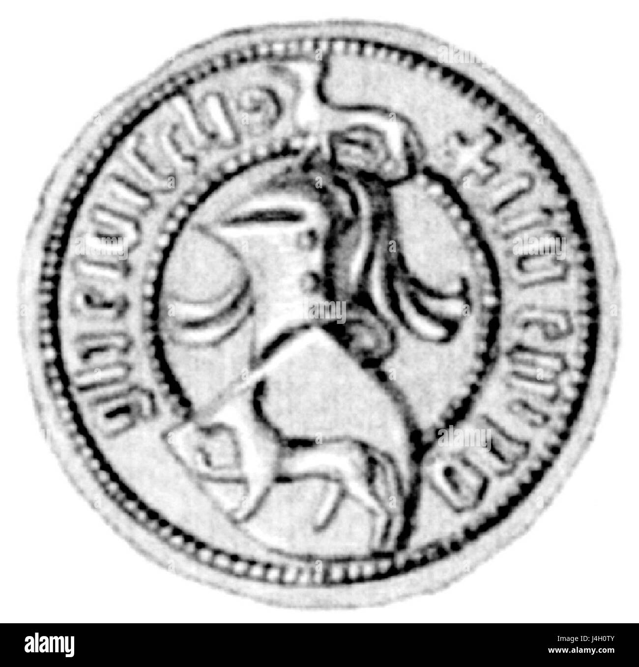 Das Siegel von Ywen Pogewisch, datiert 1413, ist ein Artefakt aus dem Mittelalter, das wahrscheinlich mit dem mittelalterlichen Adel oder Verwaltungsakten in Verbindung steht. Sie spiegelt die Rolle der Robben in der offiziellen Dokumentation und den heraldischen Traditionen des Mittelalters wider. Stockfoto