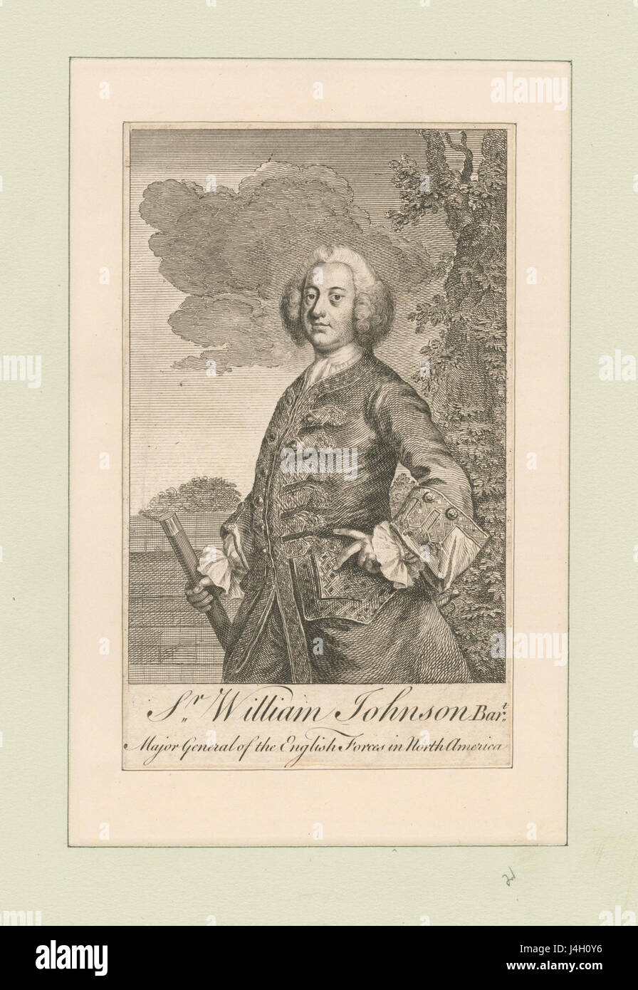 Sr. William Johnson, ein Generalmajor der englischen Streitkräfte, spielte eine Schlüsselrolle in der nordamerikanischen Kolonialgeschichte, insbesondere während des Französisch- und Indianerkrieges. Seine Führung prägte britische Strategien in Nordamerika. Stockfoto