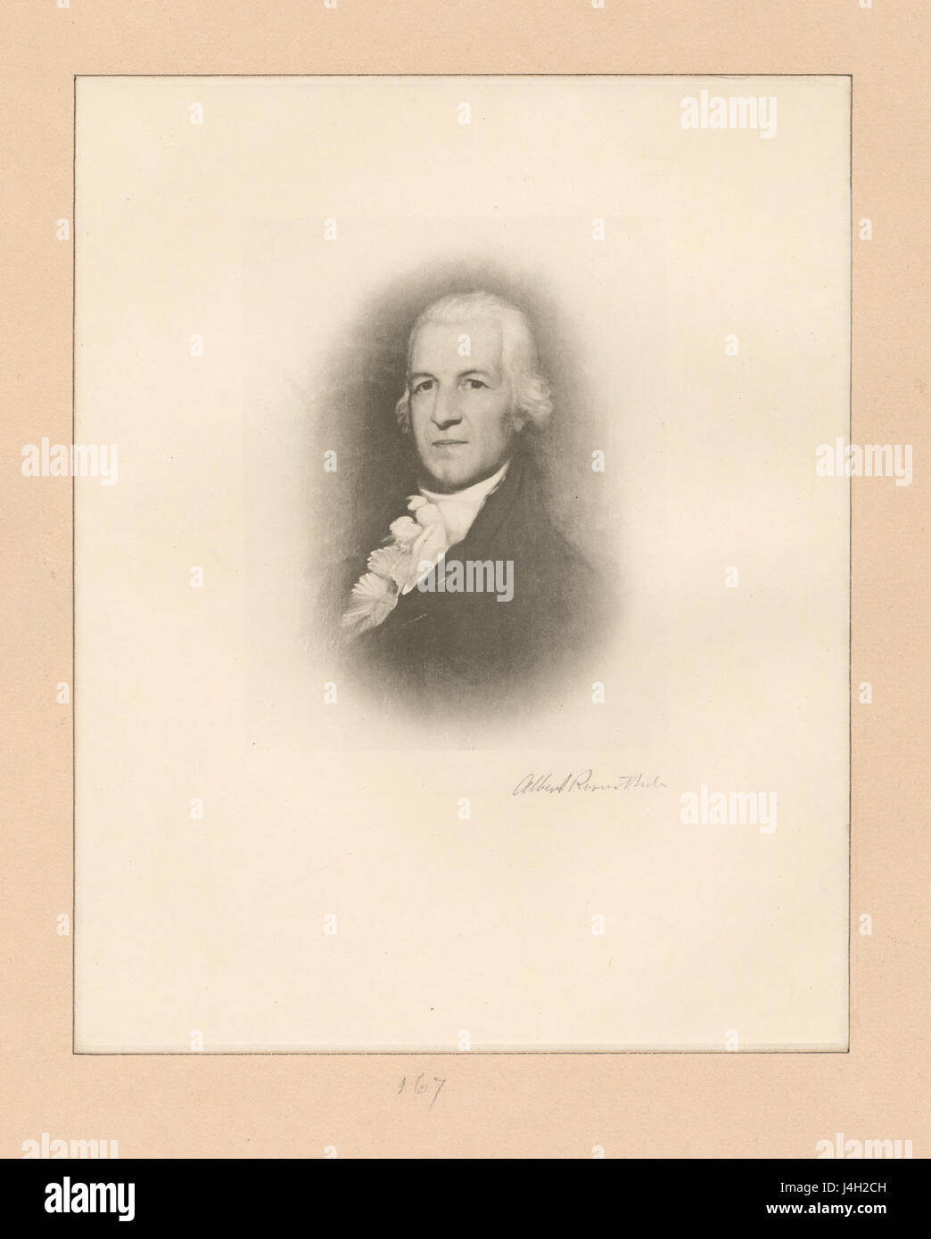 Dieses Bild ist ein Porträt von Samuel Osgood, einer Schlüsselfigur der frühen amerikanischen Geschichte. Osgood war ein prominenter Geschäftsmann und Beamter, bekannt für seine Rolle in der frühen Entwicklung der Vereinigten Staaten. Stockfoto