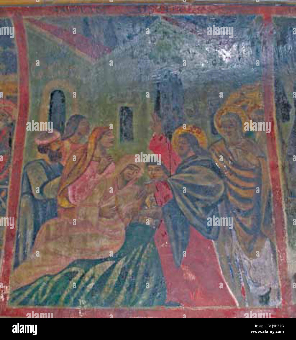 Heiligen Maria von der Feder-Kirche in Kapatovo Spende von der armen Witwe Fresko Stockfoto