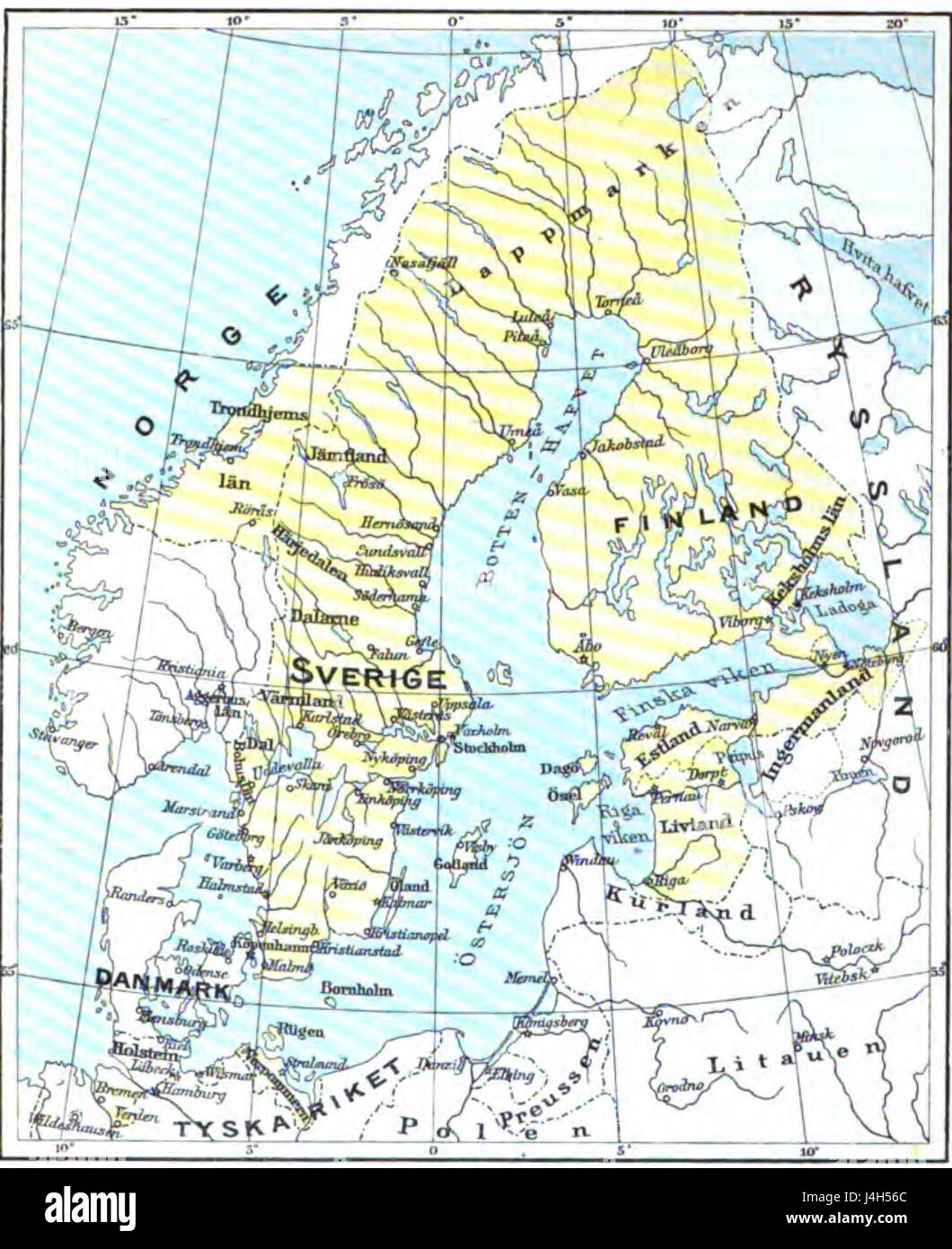 Das schwedische Reich 1658 markiert eine bedeutende Periode in der europäischen Geschichte, da Schweden seinen territorialen Höhepunkt erreichte und Mitte des 17. Jahrhunderts sowohl politische als auch militärische Angelegenheiten in Nordeuropa beeinflusste. Stockfoto