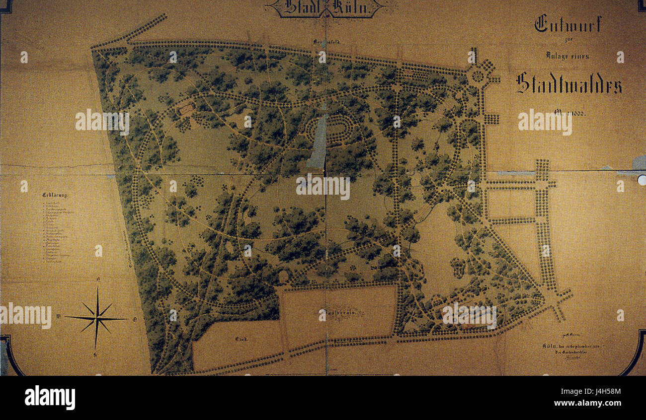 Entwurf des Stadtwaldes von Adolf Kowallek im Jahre 1895. Das Konzept umfasst strukturierte Landschaftsgestaltung und geplante Grünflächen, die die städtische Umwelt durch Integration der Natur verbessern sollen. Stockfoto Entwurf des Stadtwaldes von Adolf Kowallek im Jahre 1895. Das Konzept umfasst strukturierte Landschaftsgestaltung und geplante Grünflächen, die die städtische Umwelt durch Integration der Natur verbessern sollen. Stockfoto