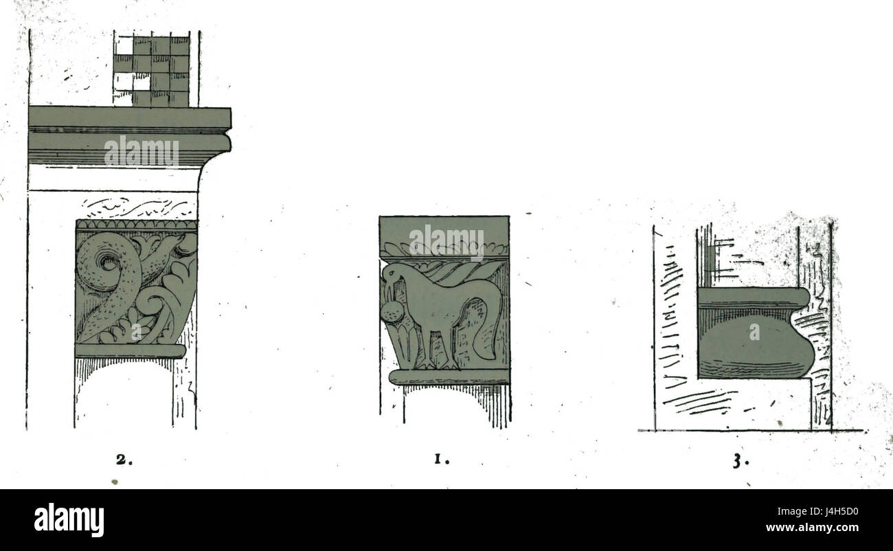 Dieses Bild zeigt die architektonischen Merkmale eines Chapiteaus (Baldachin) aus Rouilly St. Loup. Das Design zeigt die komplizierte Handwerkskunst, die typisch für die französische ländliche Architektur des 19. Jahrhunderts ist. Stockfoto