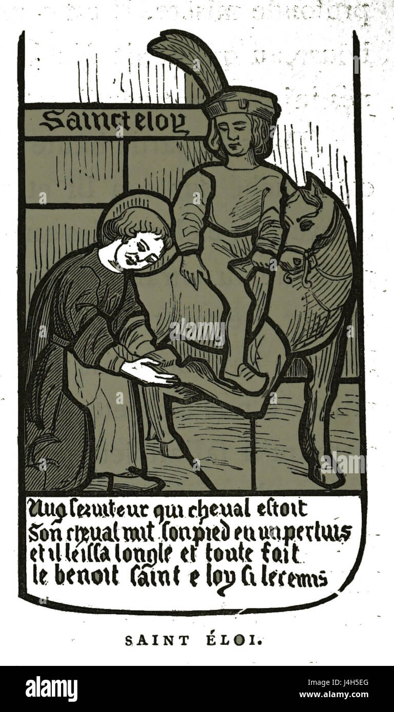 Dieses Bild bezieht sich auf eine Darstellung des heiligen Eloi, eines Bischofs und schutzpatrons der Metallarbeiter aus dem 7. Jahrhundert, der möglicherweise seine Heiltätigkeit oder ein Wunder darstellt. Das Werk kann die religiöse und historische Bedeutung des heiligen Eloi und seine Rolle in der christlichen Tradition hervorheben, insbesondere bei Metallarbeitern und Handwerkern. Stockfoto