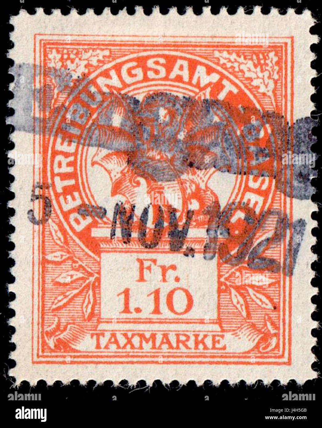 Dieser Verweis auf die Schweiz im Jahr 1920 bezieht sich auf ein Dokument des Betreibungsamtes, in dem ein Einnahmenbetrag von 1,10 Francs angegeben ist, möglicherweise im Zusammenhang mit einer rechtlichen oder finanziellen Angelegenheit der damaligen Zeit. Stockfoto