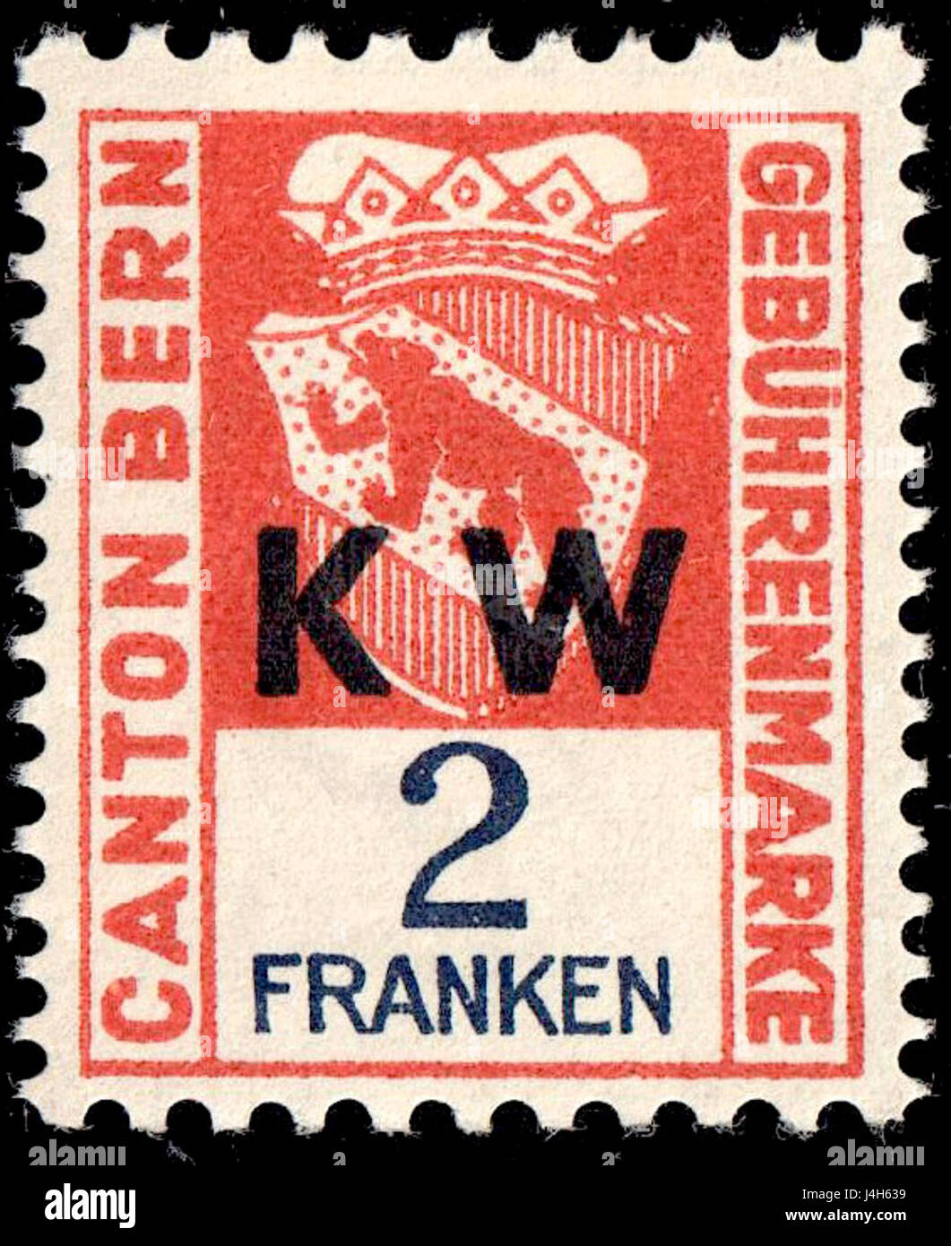 Dieser Schweizer 2-Franken-Kriegssteuerstempel von 1944 spiegelt die wirtschaftlichen Maßnahmen wider, die während des Zweiten Weltkriegs in der Schweiz ergriffen wurden. Sie stellt den Beitrag der Nation zu den Kriegsanstrengungen durch Besteuerung dar. Stockfoto